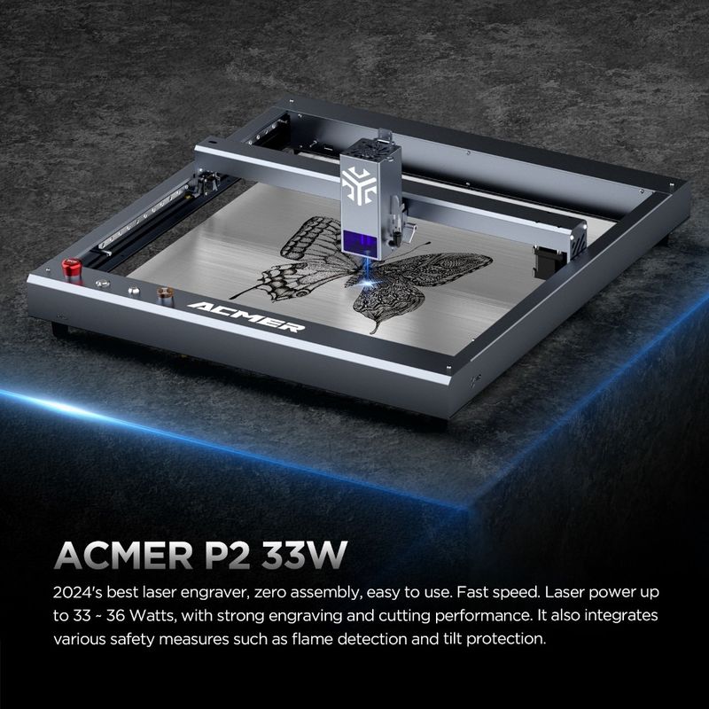 ACMER P2 33W Máy cắt khắc laser, khắc laser trên bàn gỗ và cắt tốc độ cao 30000mm / phút